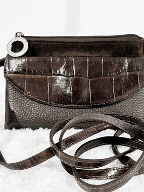 Brighton Vintage Crocodile Leather Crossbody Bifold Wallet Dark Brown